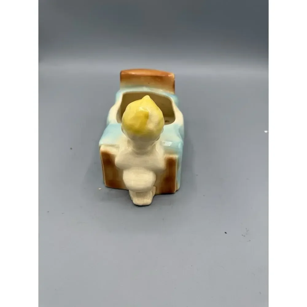 Vintage Praying Child Bed Planter Ceramic Nursery Blond Baby Blue Bed